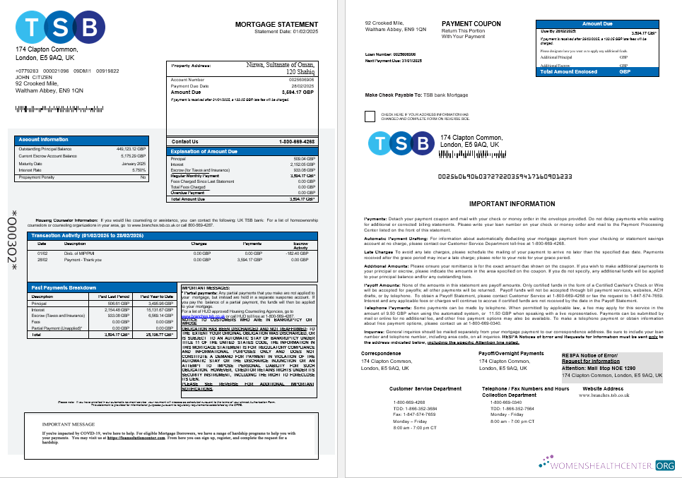 Download United Kingdom TSB bank mortgage statement in Word and PDF formats 1 2 Photoshop template